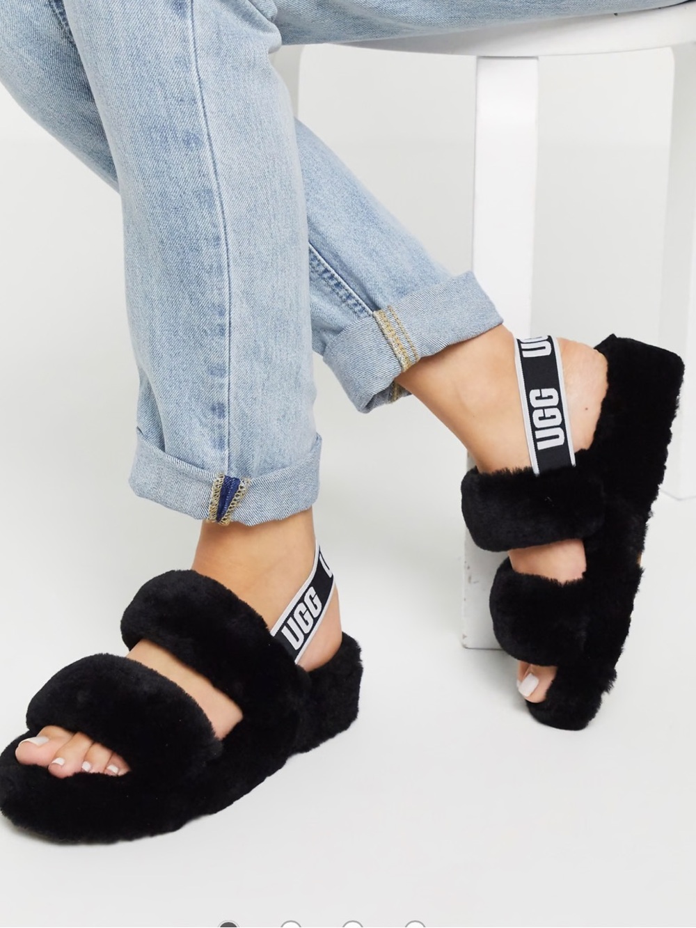 UGG Black Plush Double-Band Slingback Sandals